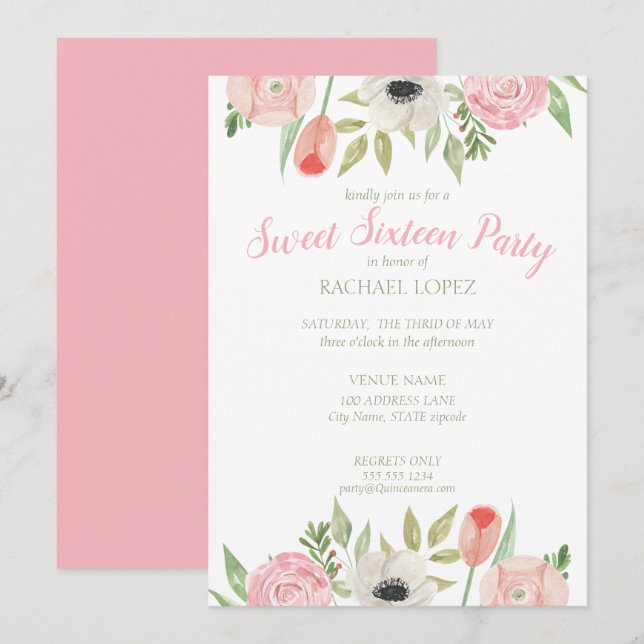 Blush Pink & White Floral Sweet Sixteen Birthday Invitation (Front/Back)