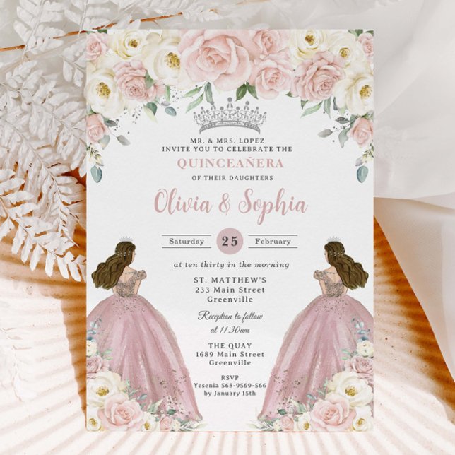 Blush Pink White Floral Twin Girls Quinceañera XV  Invitation (Creator Uploaded)