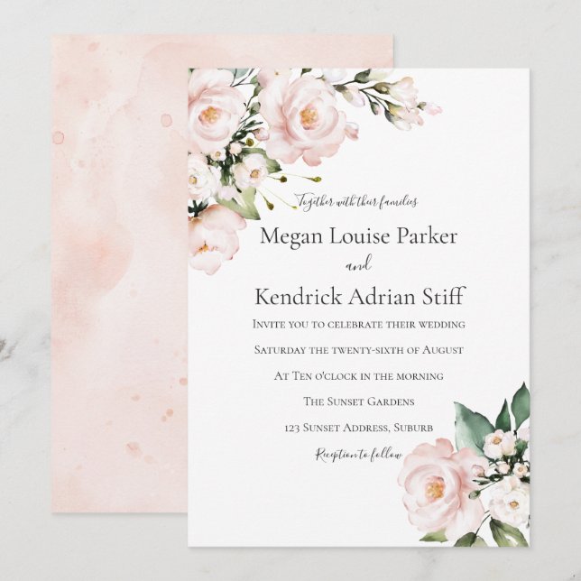 Blush Pink & White Floral Wedding Invitation (Front/Back)