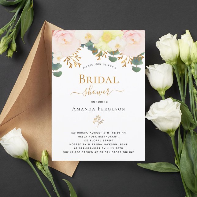 Blush pink white floral yellow bridal shower invitation (Creator Uploaded)
