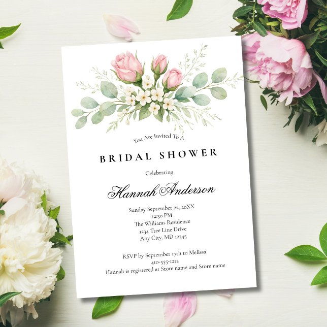 Blush Pink White Florals Elegant Bridal Shower Invitation (Blush Pink Roses Greenery Bridal Shower Invitation. Elegant Formal. Digital or Printed)