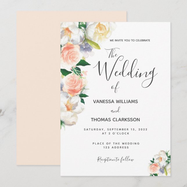 Blush pink white florals elegant wedding invitation (Front/Back)