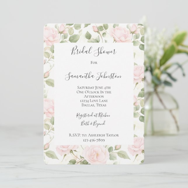 Blush Pink White Flowers Bridal Shower Invitation (Standing Front)