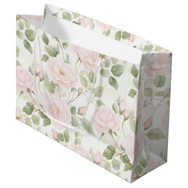 Blush Pink White Flowers Bridal Shower Large Gift Bag (Front Angled)