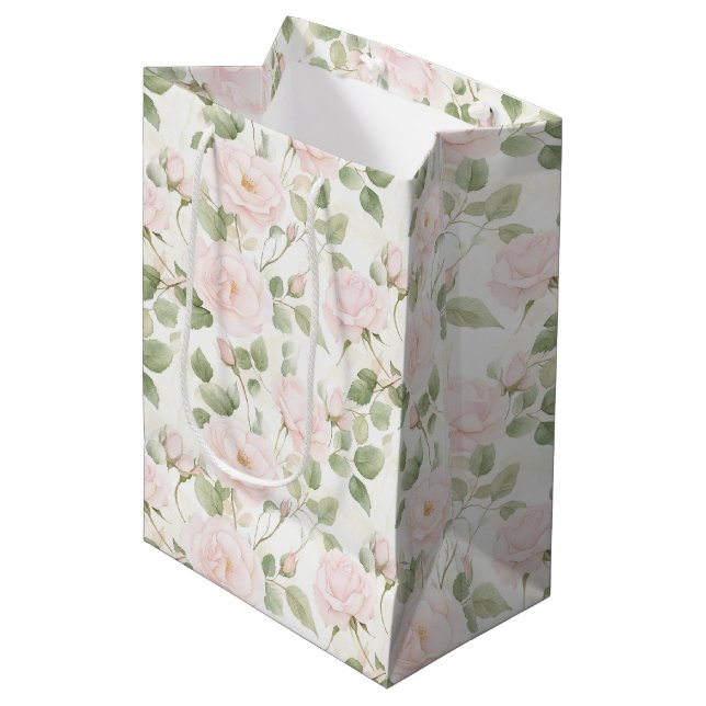Blush Pink White Flowers Bridal Shower Medium Gift Bag (Front Angled)