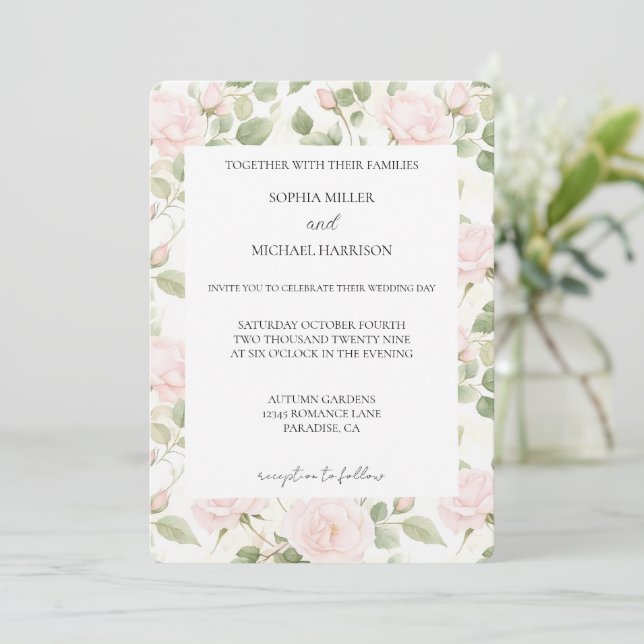 Blush Pink White Flowers Wedding Invitation (Standing Front)