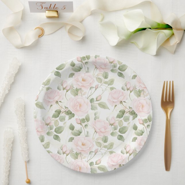 Blush Pink White Flowers Wedding Paper Plate (Wedding)
