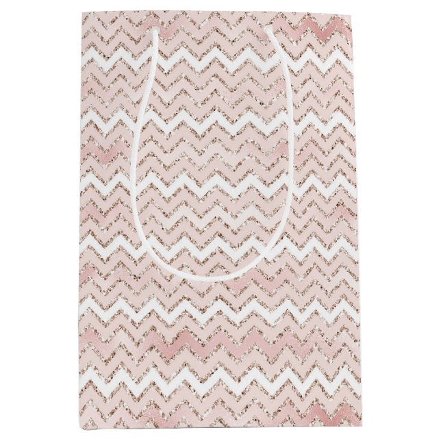 Blush Pink White Glam Glitter Zig Zag    Medium Gift Bag (Front)
