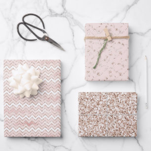 Blush Pink White Glam Glitter Zig Zag     Wrapping Paper Sheet
