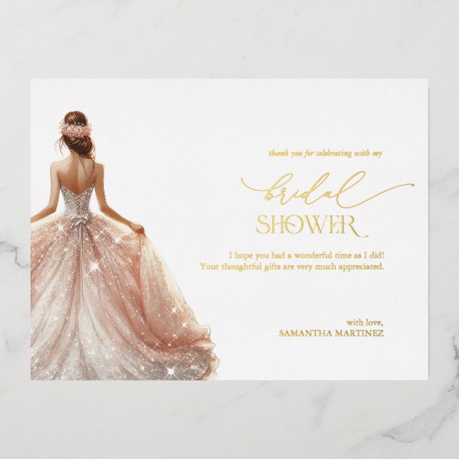 Blush Pink White Glam Gown Bridal Shower  Foil Invitation Postcard (Front)