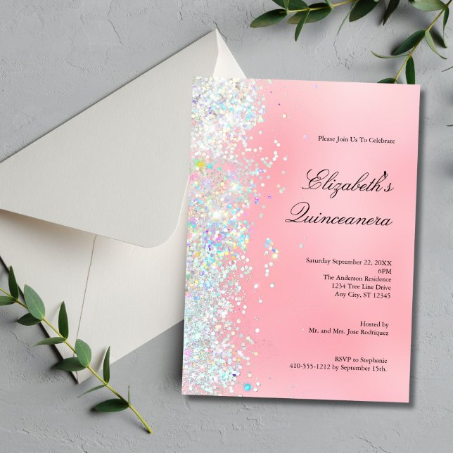 Blush Pink White Glitter Glam Bling Quinceanera Invitation (Blush pink with pastel glitter 15th Quinceanera Invitation for her. Printed or Digital download)