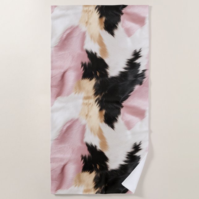 Blush Pink White Gold Black Cowhide Animal Beach Towel (Front)