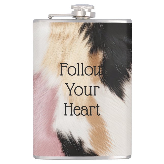 Blush Pink White Gold Black Cowhide Animal Hip Flask (Front)