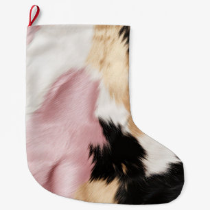 Blush Pink White Gold Black Cowhide Animal Large Christmas Stocking