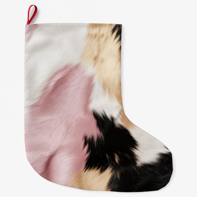 Blush Pink White Gold Black Cowhide Animal Large Christmas Stocking (Front)