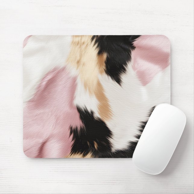 Blush Pink White Gold Black Cowhide Animal Mouse Mat (With Mouse)