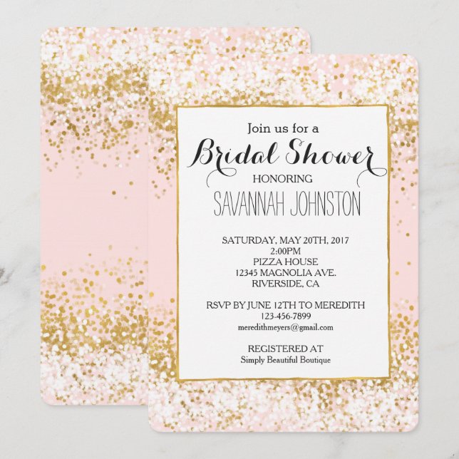 Blush Pink White Gold Confetti bridal shower Invitation (Front/Back)