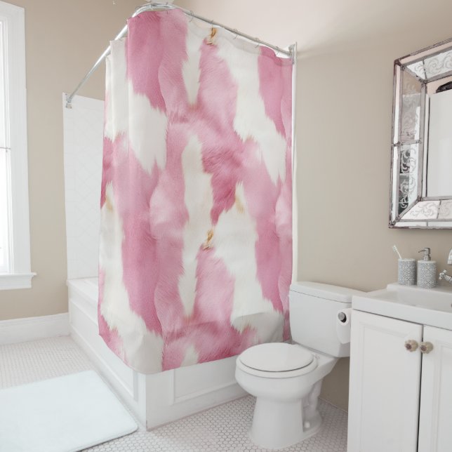 Blush Pink White Gold Cowhide Animal Shower Curtain (In Situ)