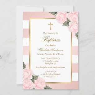 Blush Pink White Gold Floral Baptism Invitation