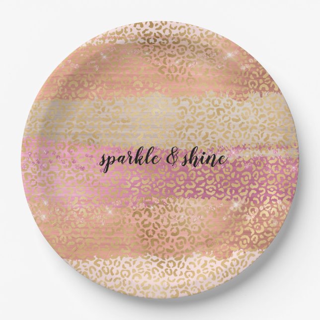 Blush Pink White Gold Girly Glam Leopard Print Paper Plate (Front)