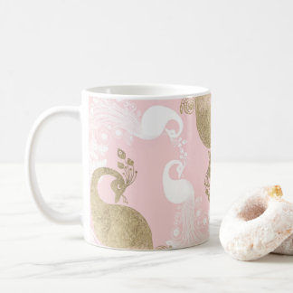 Blush pink white gold royal peacock bird coffee mug
