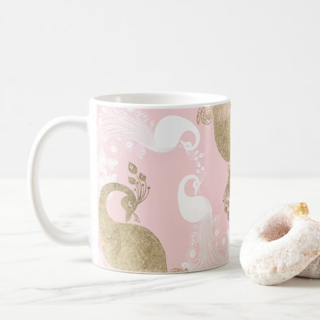 Blush pink white gold royal peacock bird  coffee mug (With Donut)