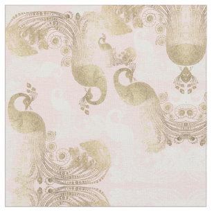 Blush pink white gold royal peacock bird fabric