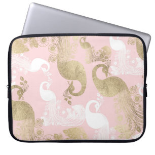 Blush pink white gold royal peacock bird laptop sleeve