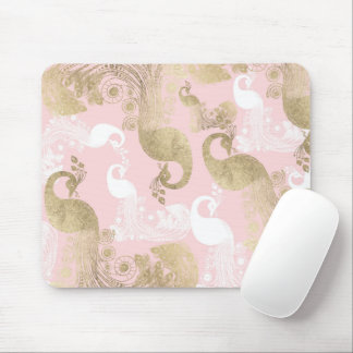 Blush pink white gold royal peacock bird mouse mat