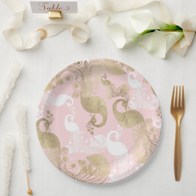 Blush pink white gold royal peacock bird  paper plate (Wedding)