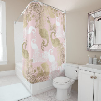Blush pink white gold royal peacock bird shower curtain