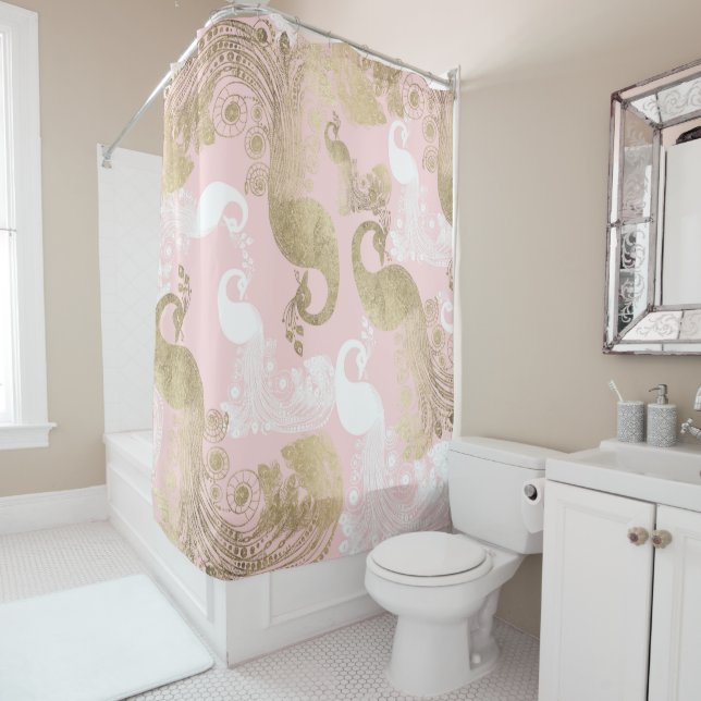 Blush pink white gold royal peacock bird  shower curtain (In Situ)