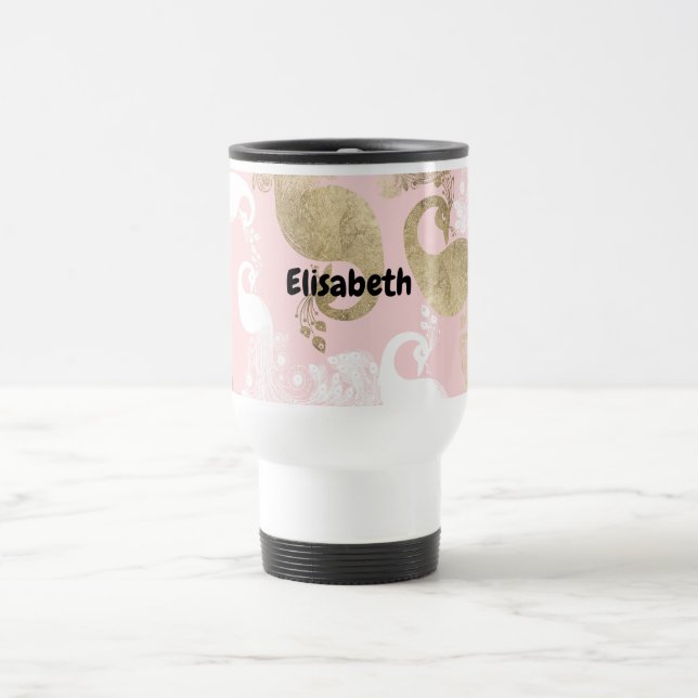 Blush pink white gold royal peacock bird  travel mug (Center)