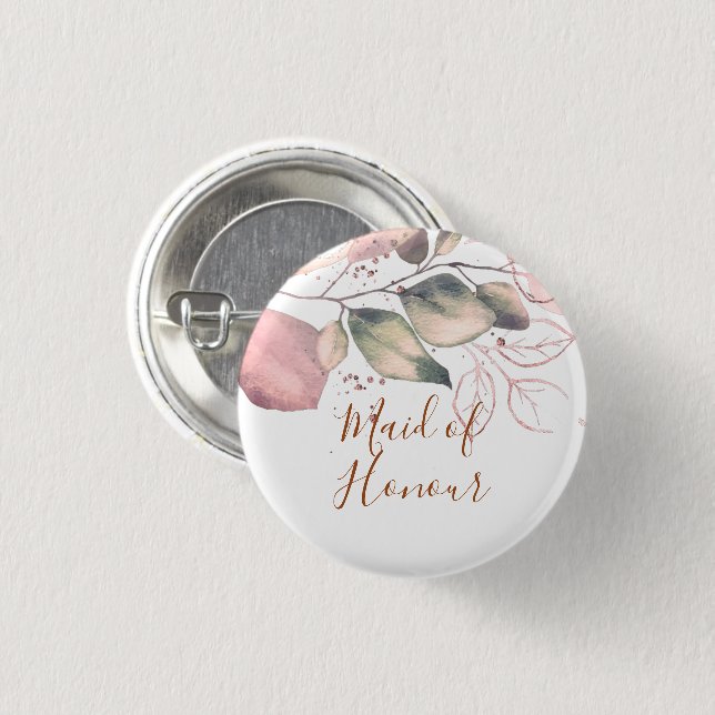BLUSH PINK WHITE GREEN WATERCOLOUR MAID OF HONOUR 3 CM ROUND BADGE (Front & Back)