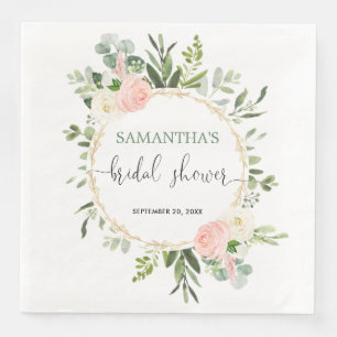 Blush pink white greenery gold floral elegant napkin