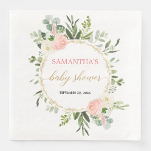 Blush pink white greenery gold floral elegant napkin