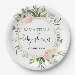 Blush pink white greenery gold floral elegant paper plate