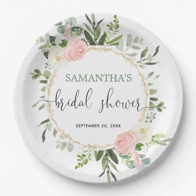 Blush pink white greenery gold floral elegant paper plate (Front)
