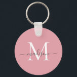 Blush Pink White Grey Monogram Name Girly Script Key Ring<br><div class="desc">Simple Blush Pink White Grey Monogram Elegant Modern Script Keychain</div>
