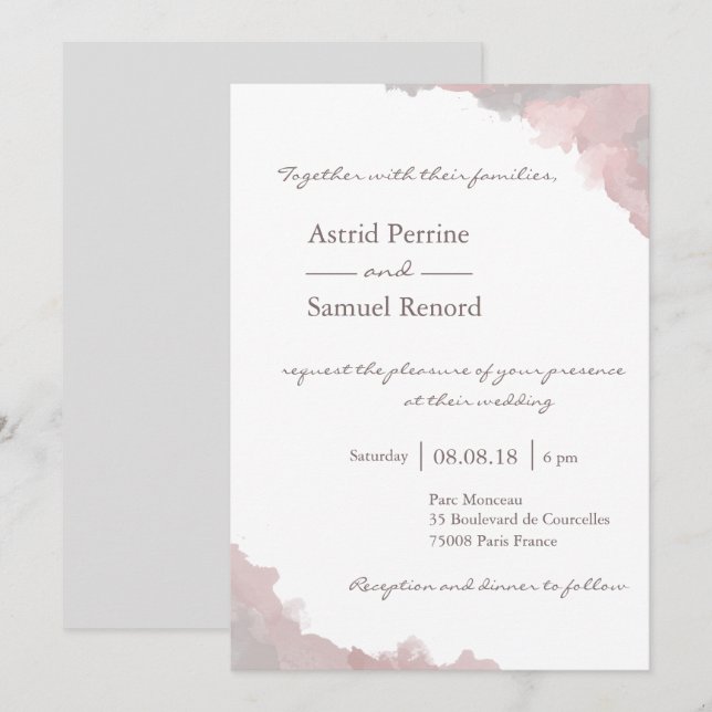 Blush pink white grey watercolor elegant wedding invitation (Front/Back)