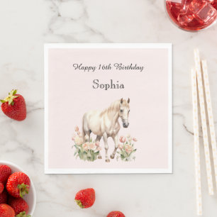 Blush Pink White Horse Tulips Birthday Napkin