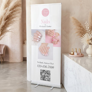 Blush Pink White Logo QR Code Photo Nail Salon Retractable Banner