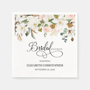 Blush Pink White Magnolia Floral Bridal Shower Napkin