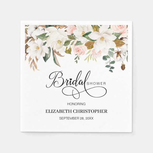 Blush Pink White Magnolia Floral Bridal Shower Napkin (Front)