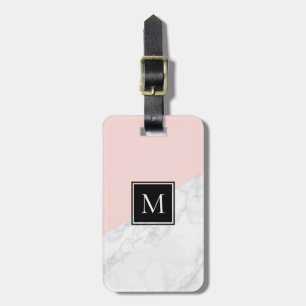 Blush Pink White Marble Monogram Luggage Tag