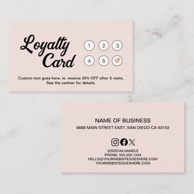 Blush Pink White Minimal Modern Salon business Loyalty Card (Front/Back)