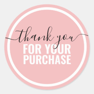 Blush pink white modern thank you script packaging classic round sticker