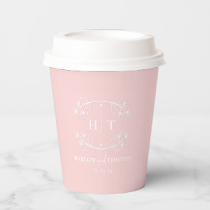 Blush Pink white monogram Wedding Paper cups
