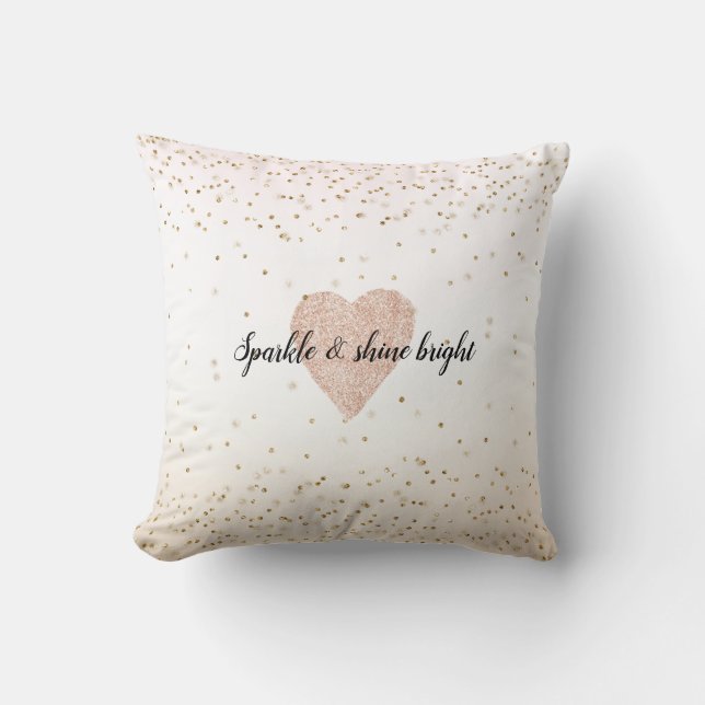 Blush Pink White Peach Ombre Gold Confetti Heart Cushion (Front)