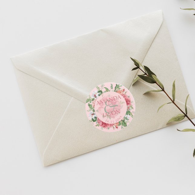 Blush Pink White Pretty Floral cute Wedding Classic Round Sticker (Blush Pink White Pretty Floral cute Wedding Classic Round Sticker)